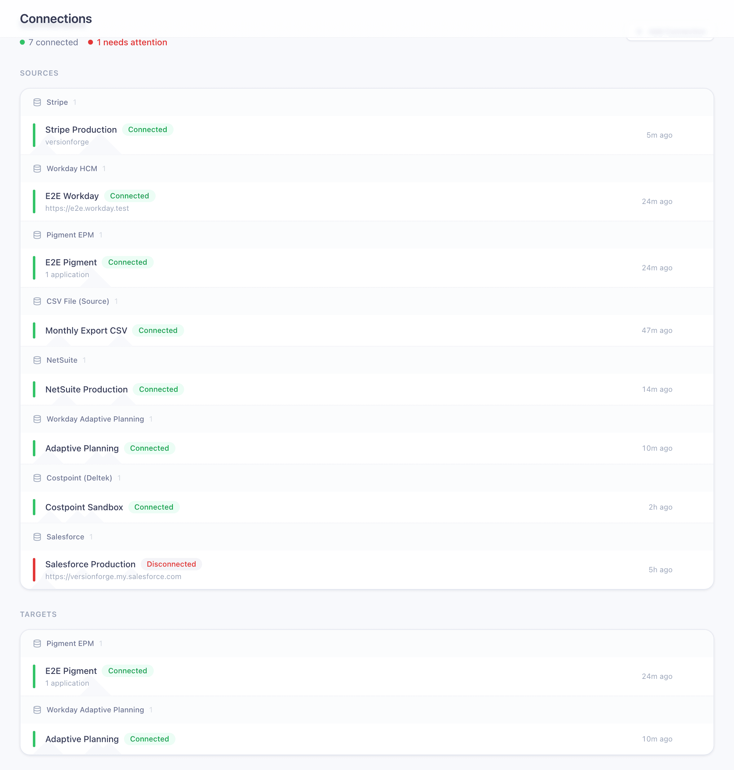 VersionForge connections page — multiple source and target systems, health and last-check timestamps
