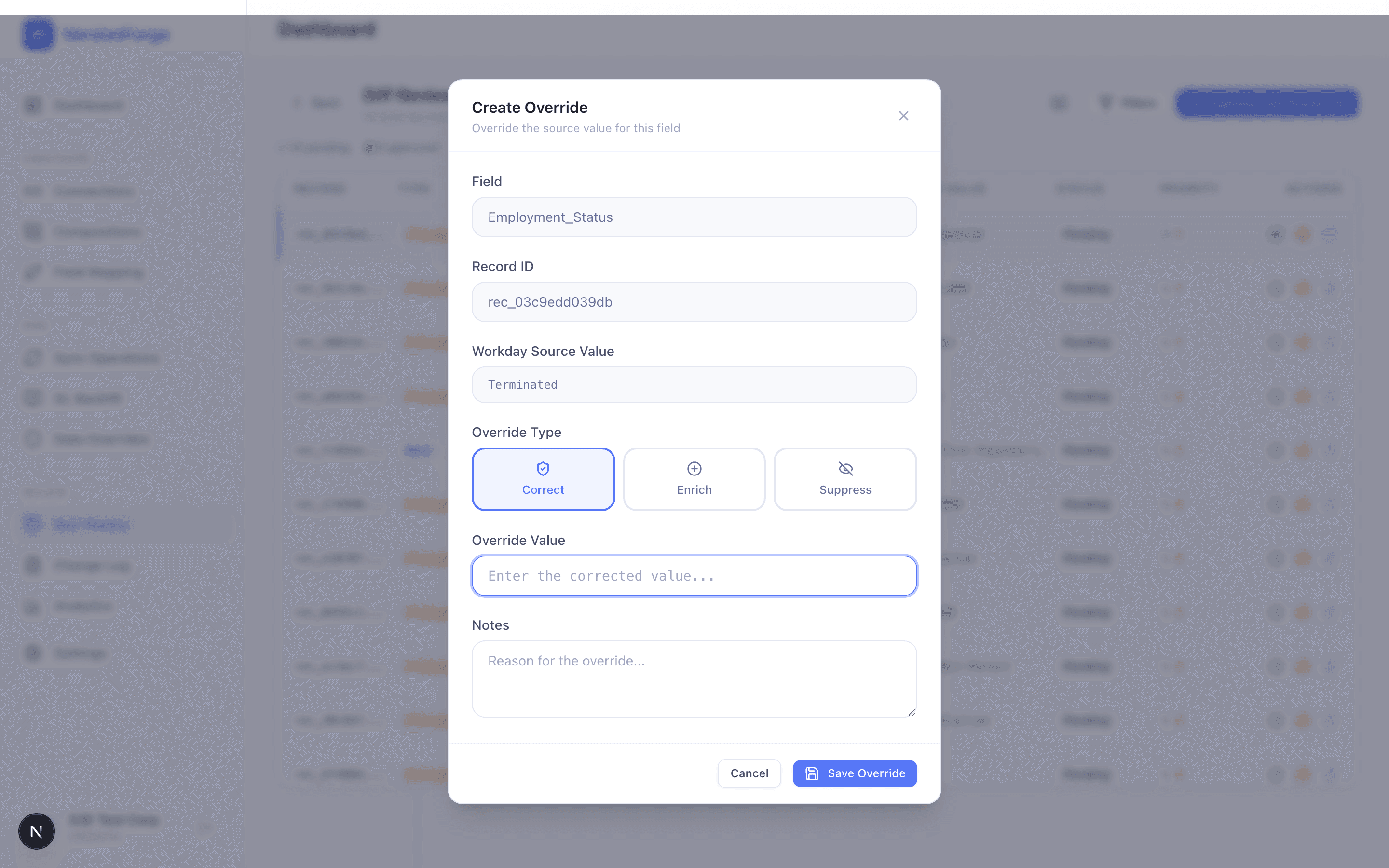 Create Override modal — correct, enrich, or suppress a field with per-record notes